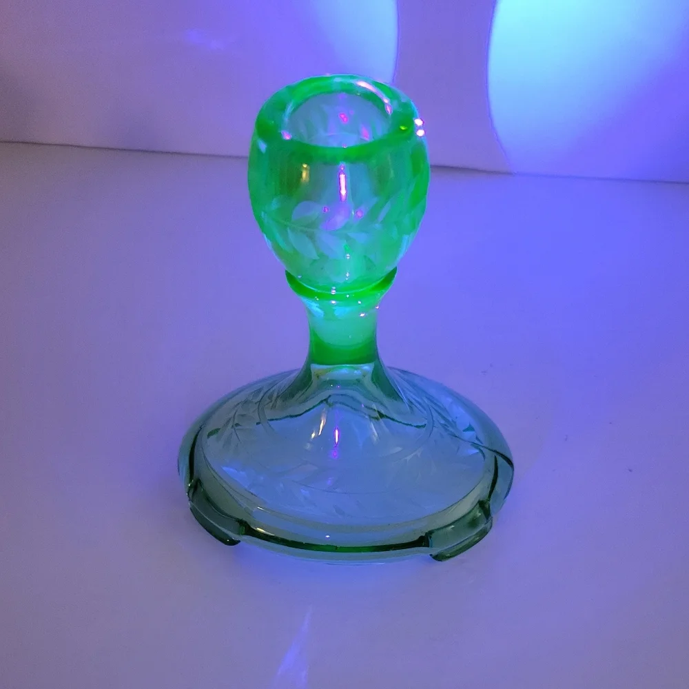 Vintage Fostoria Uranium Glass Candlestick Glowy Glass